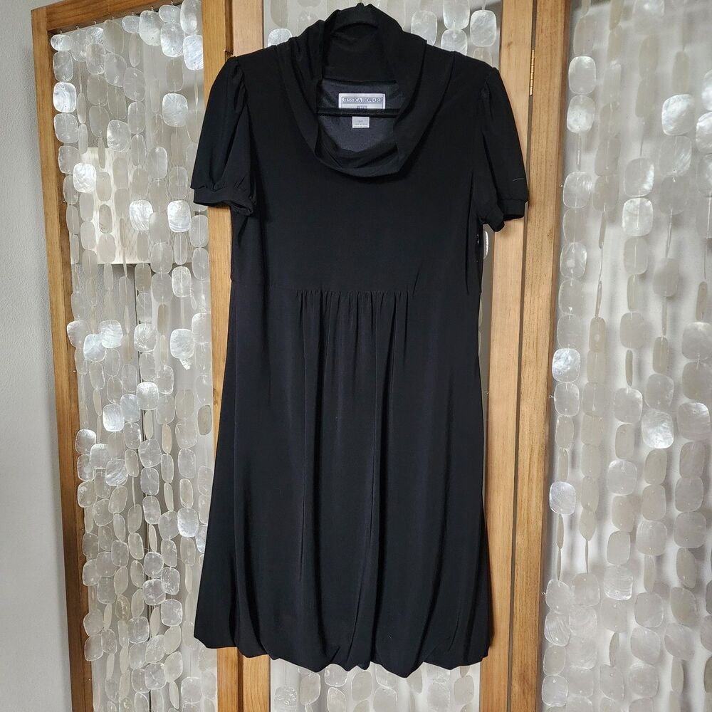 Jessica Howard Petite Black Bubble Hem Dress 12P Cowl Neck Modest Career Midi
